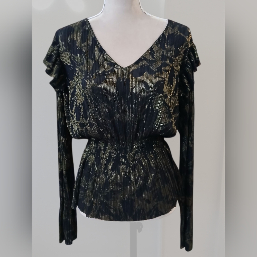Hinge Black Floral Burnout Smocked Bell Sleeve Ruffle Blouse Small Dark Romantic